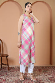 Off White & Pink Pure Cotton Checked Straight Kurta