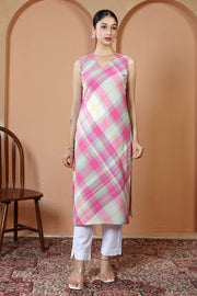 Off White & Pink Pure Cotton Checked Straight Kurta