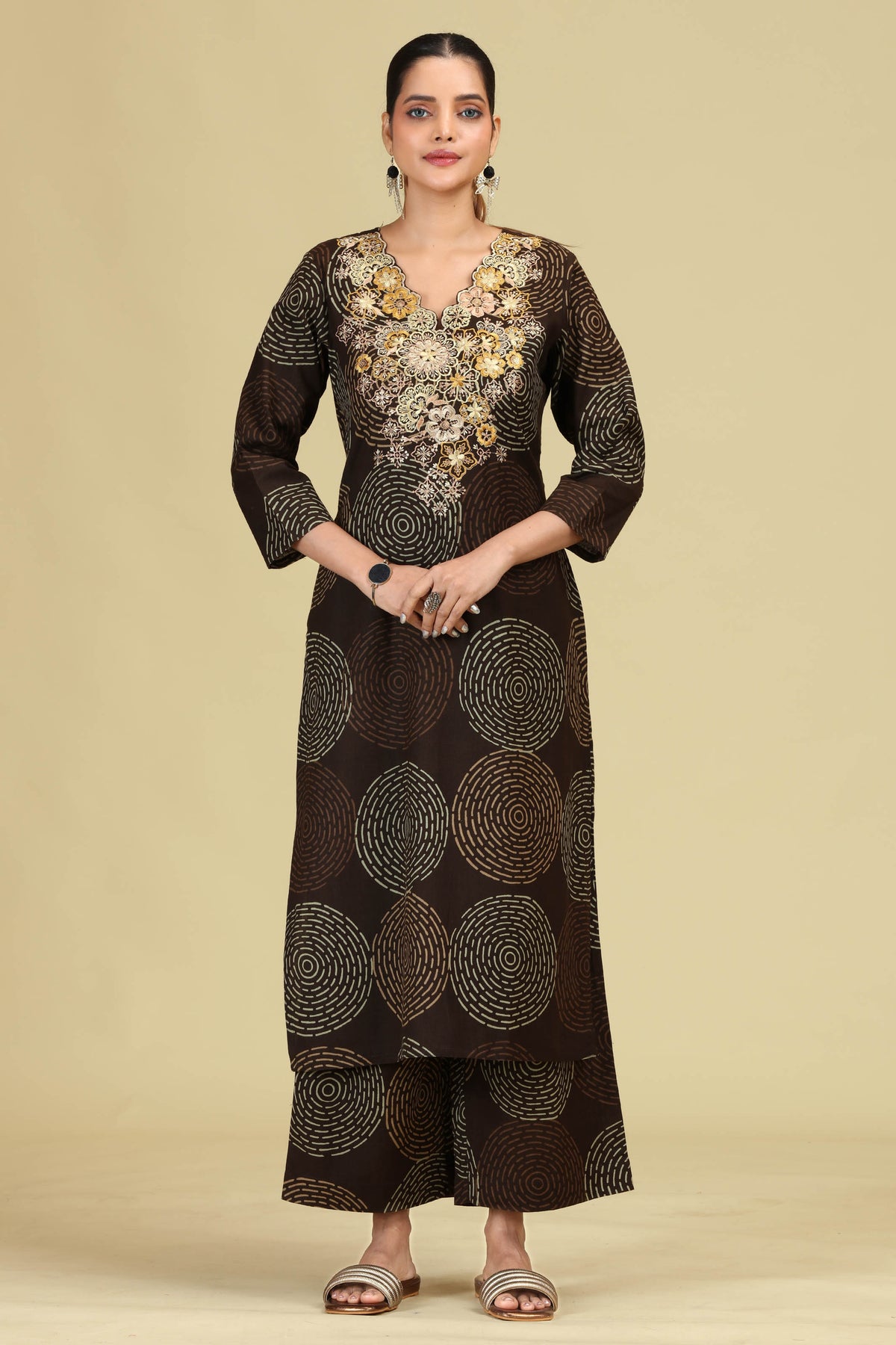 Dark Brown Pure Cotton Embroidered Printed Co-Ord Set