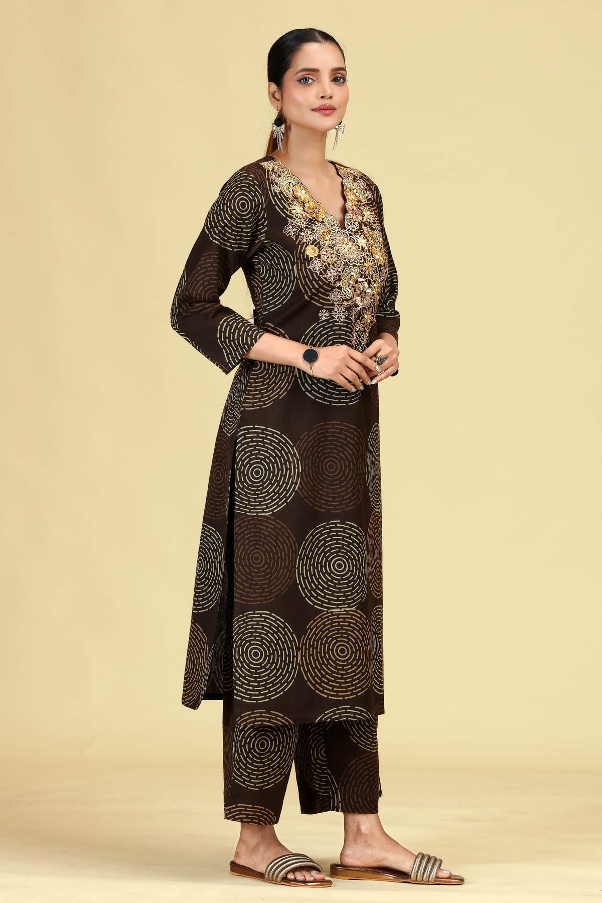Dark Brown Pure Cotton Embroidered Printed Co-Ord Set