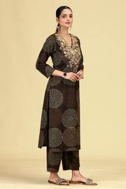 Dark Brown Pure Cotton Embroidered Printed Co-Ord Set