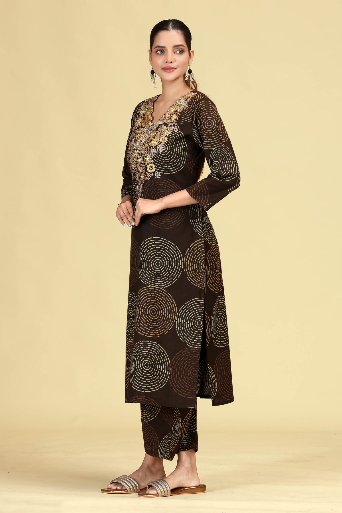 Dark Brown Pure Cotton Embroidered Printed Co-Ord Set
