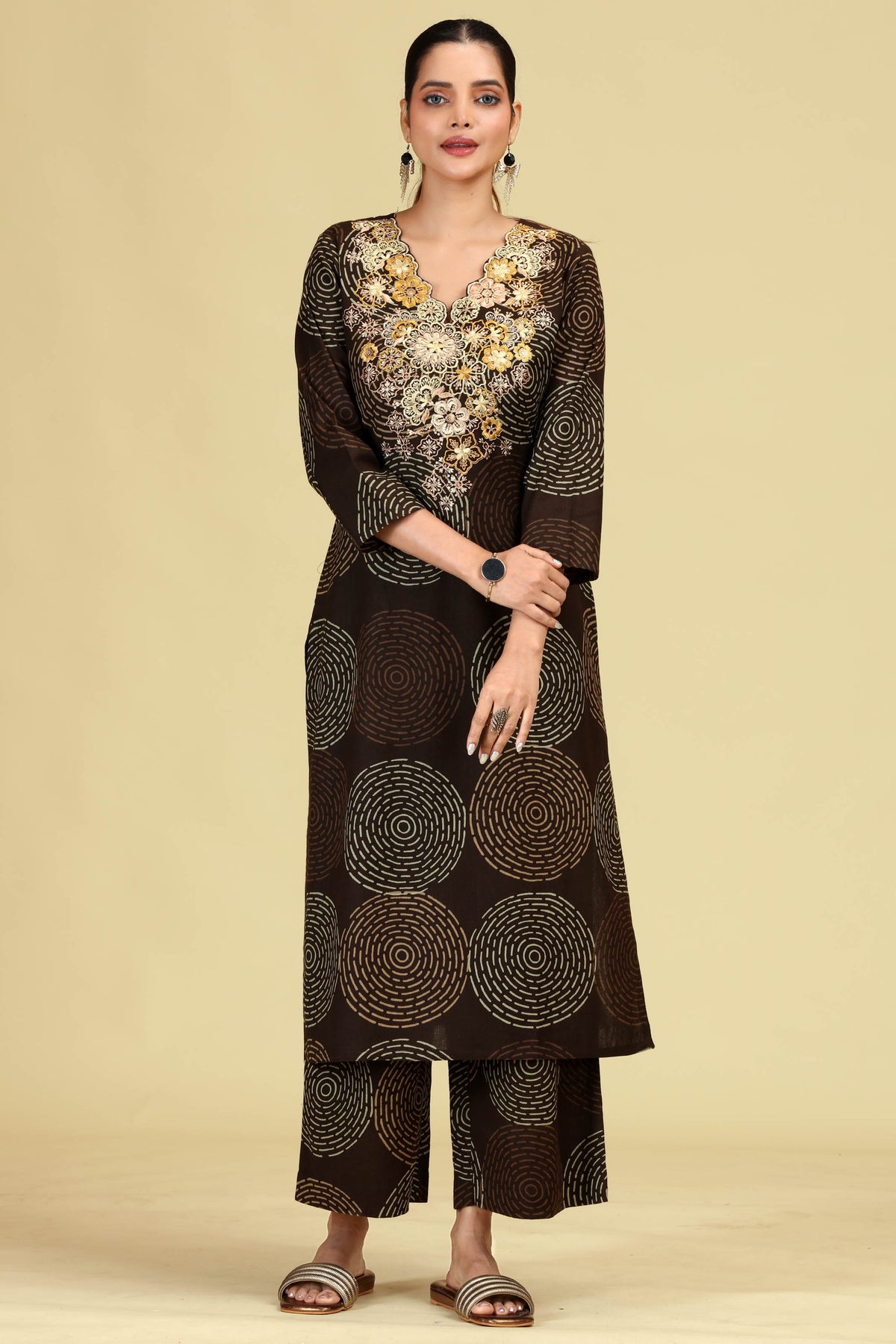 Dark Brown Pure Cotton Embroidered Printed Co-Ord Set