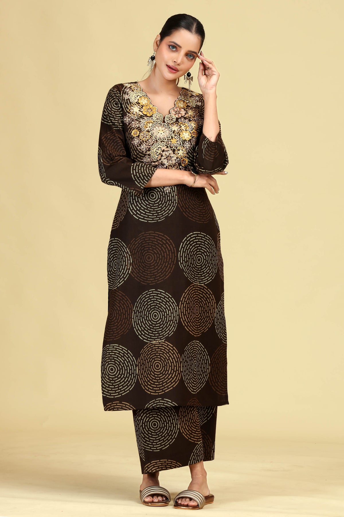 Dark Brown Pure Cotton Embroidered Printed Co-Ord Set