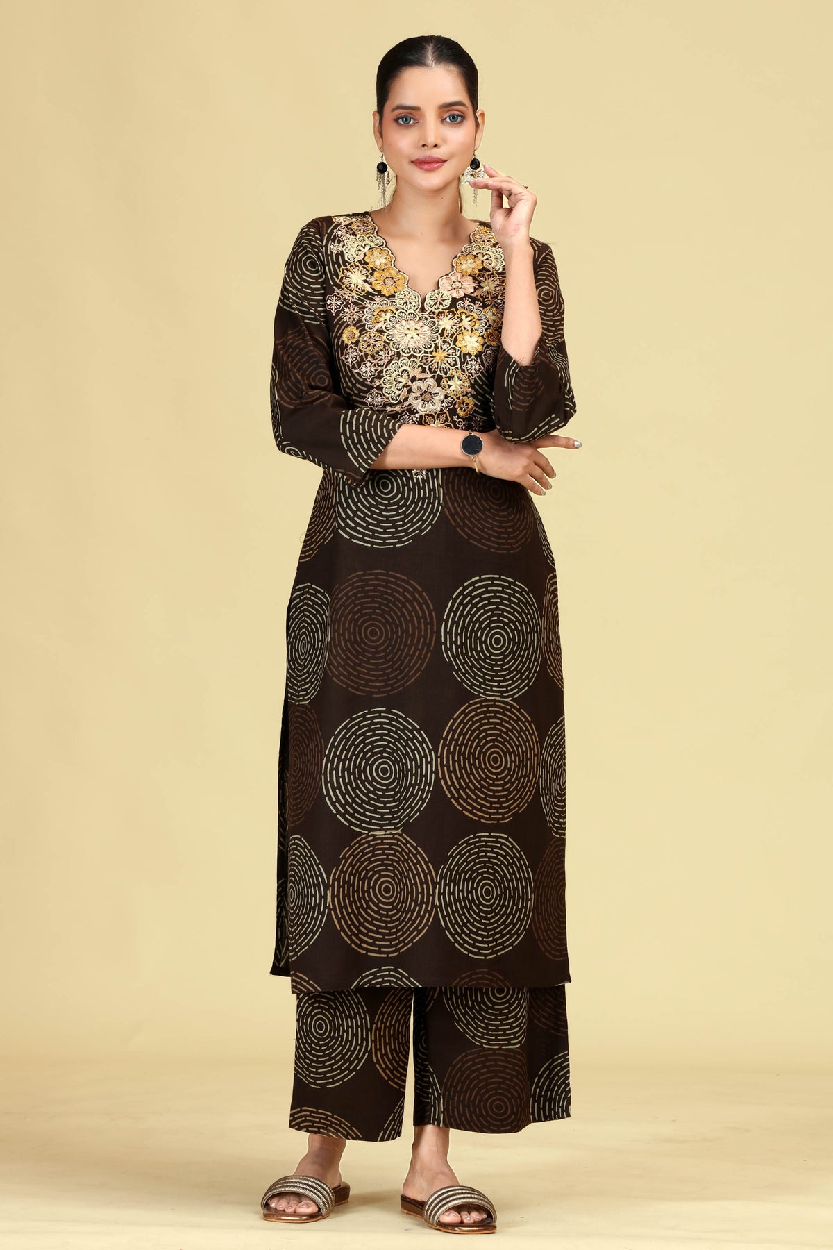 Dark Brown Pure Cotton Embroidered Printed Co-Ord Set