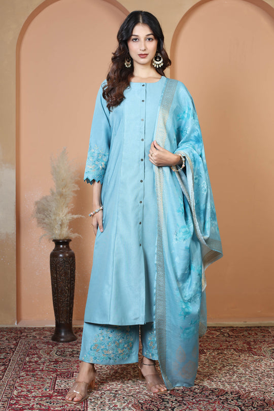 Light Blue Floral Embroidered Ethnic Kurta Set with Dupatta Suit Set