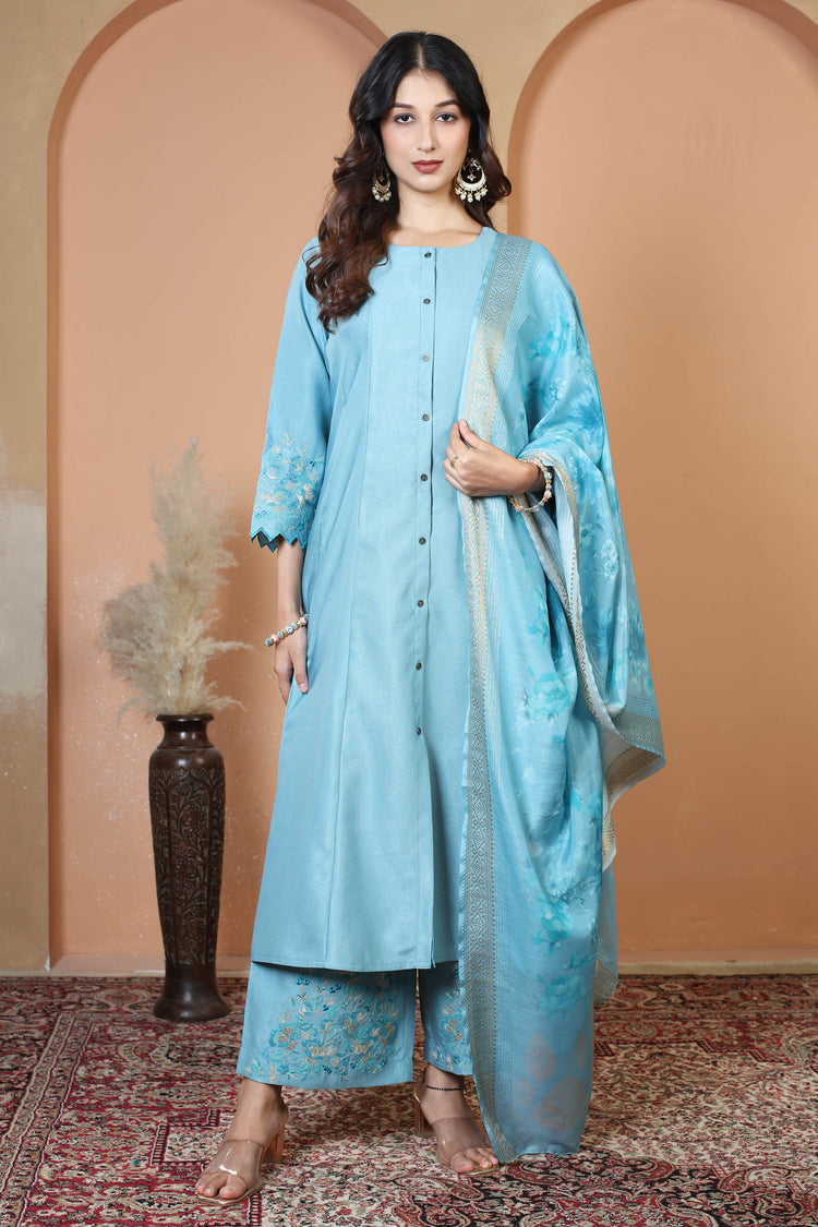Light Blue Floral Embroidered Ethnic Kurta Set with Dupatta Suit Set