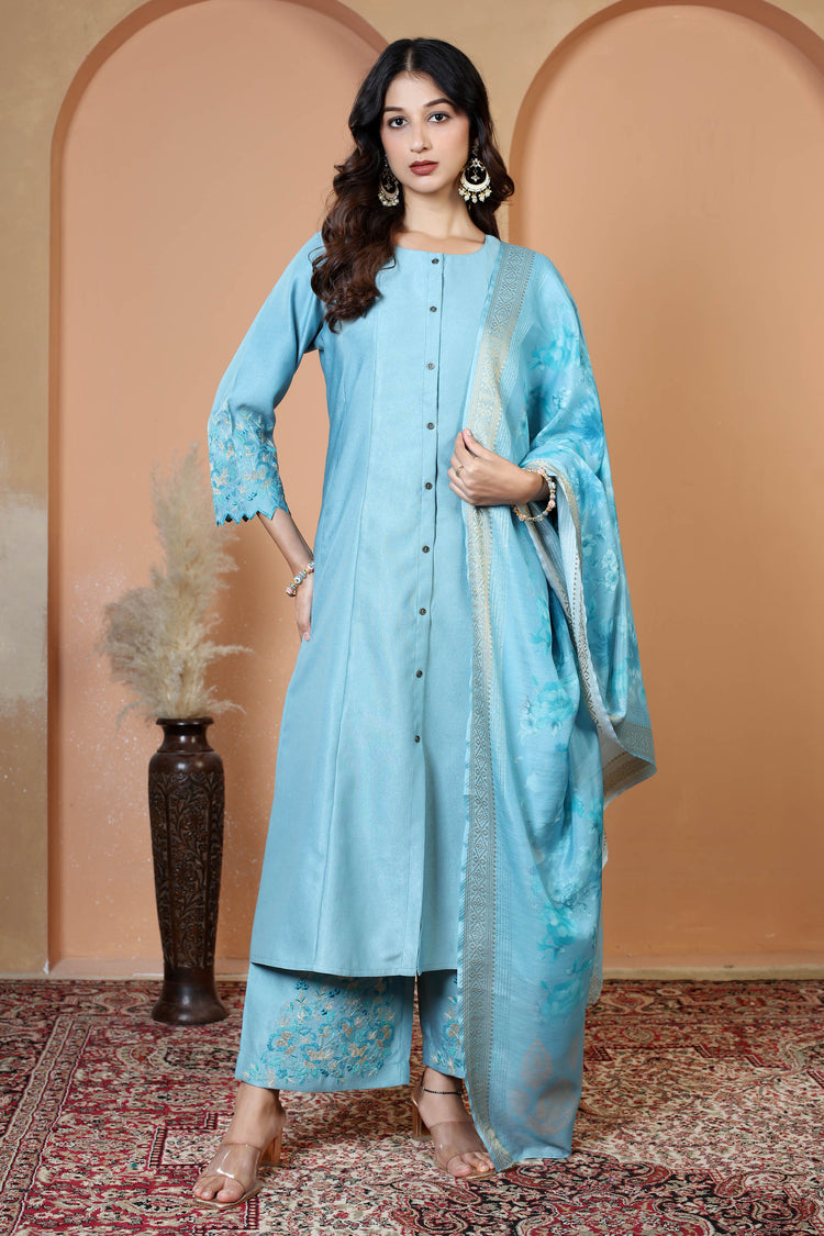 Light Blue Floral Embroidered Ethnic Kurta Set with Dupatta Suit Set
