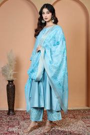 Light Blue Floral Embroidered Ethnic Kurta Set with Dupatta Suit Set