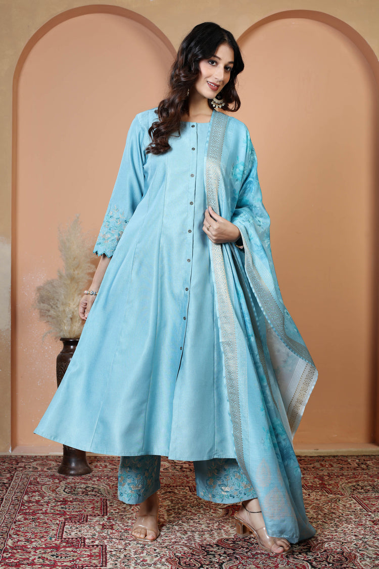 Light Blue Floral Embroidered Ethnic Kurta Set with Dupatta Suit Set