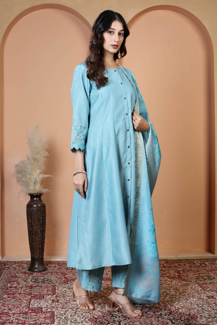 Light Blue Floral Embroidered Ethnic Kurta Set with Dupatta Suit Set