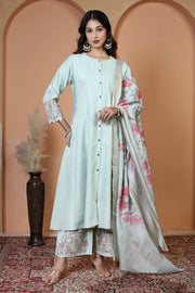 Mint Green Floral Embroidered Ethnic Kurta Set with Dupatta Suit Set