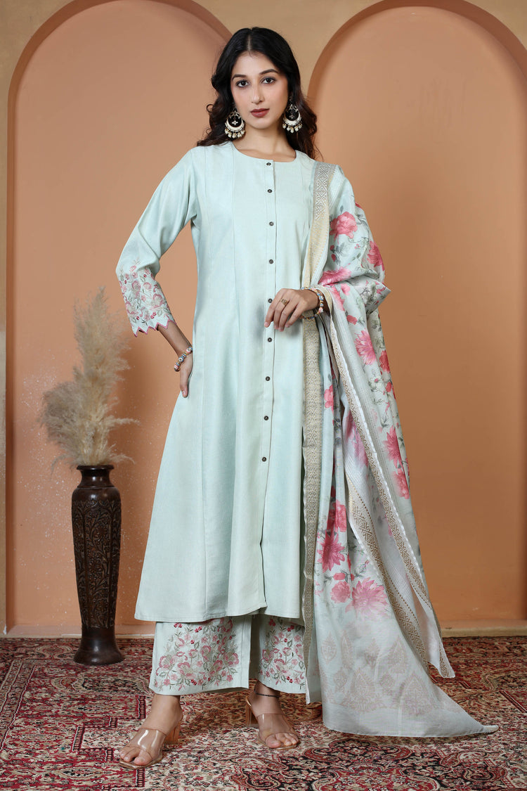 Mint Green Floral Embroidered Ethnic Kurta Set with Dupatta Suit Set
