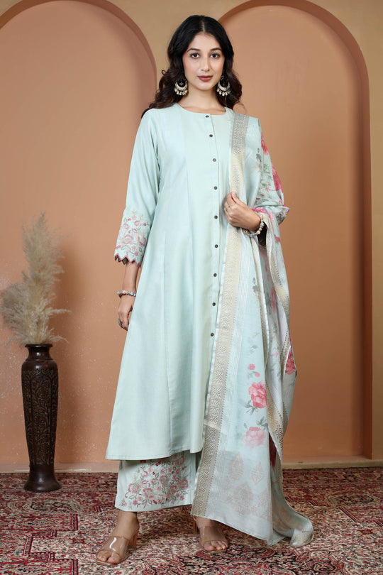 Mint Green Floral Embroidered Ethnic Kurta Set with Dupatta Suit Set