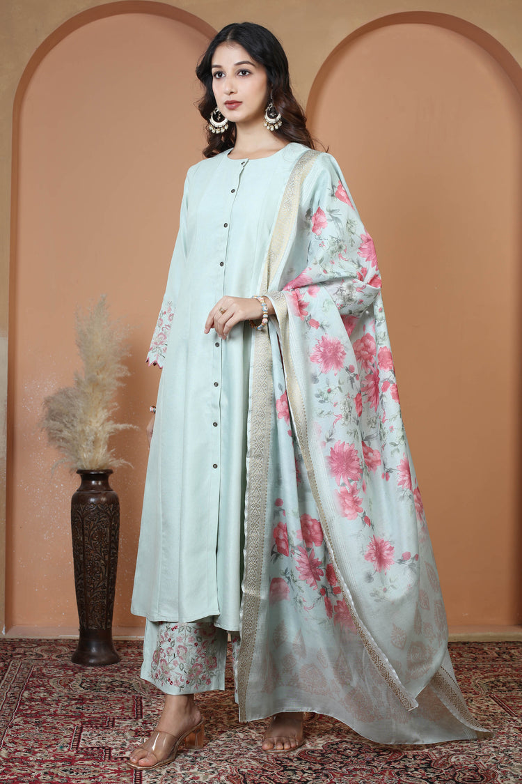 Mint Green Floral Embroidered Ethnic Kurta Set with Dupatta Suit Set