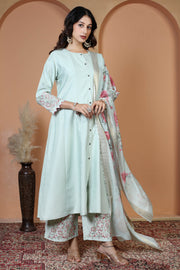 Mint Green Floral Embroidered Ethnic Kurta Set with Dupatta Suit Set