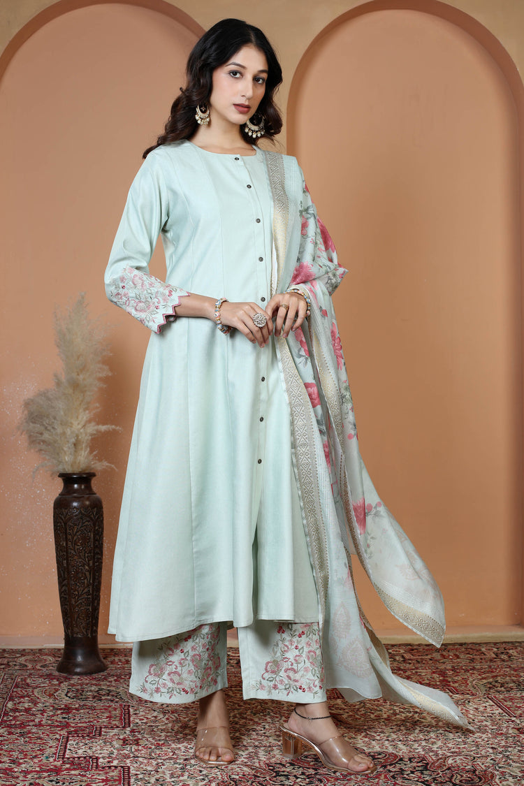 Mint Green Floral Embroidered Ethnic Kurta Set with Dupatta Suit Set