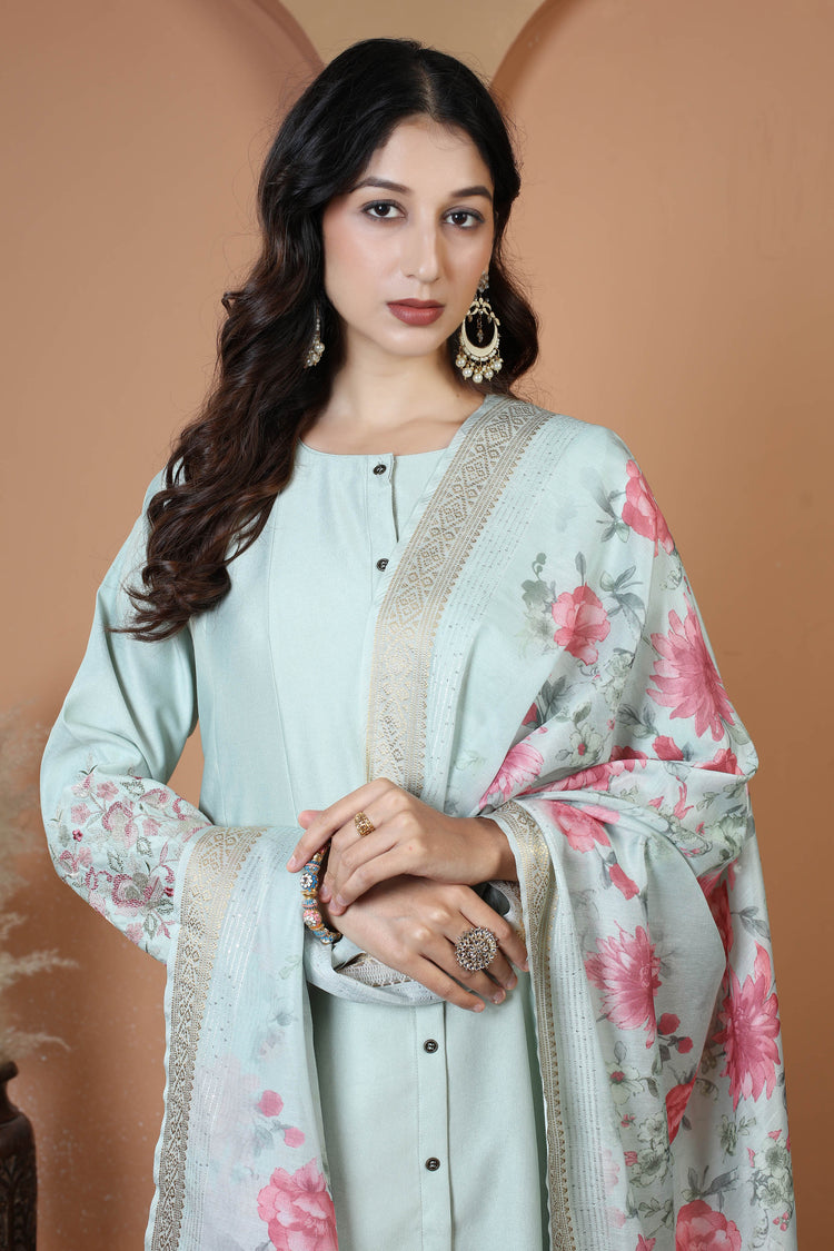 Mint Green Floral Embroidered Ethnic Kurta Set with Dupatta Suit Set