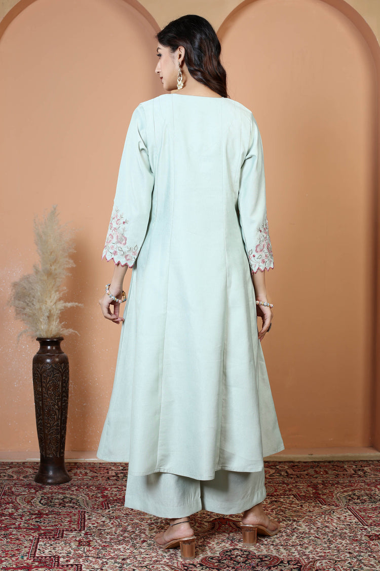 Mint Green Floral Embroidered Ethnic Kurta Set with Dupatta Suit Set
