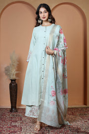 Mint Green Floral Embroidered Ethnic Kurta Set with Dupatta Suit Set