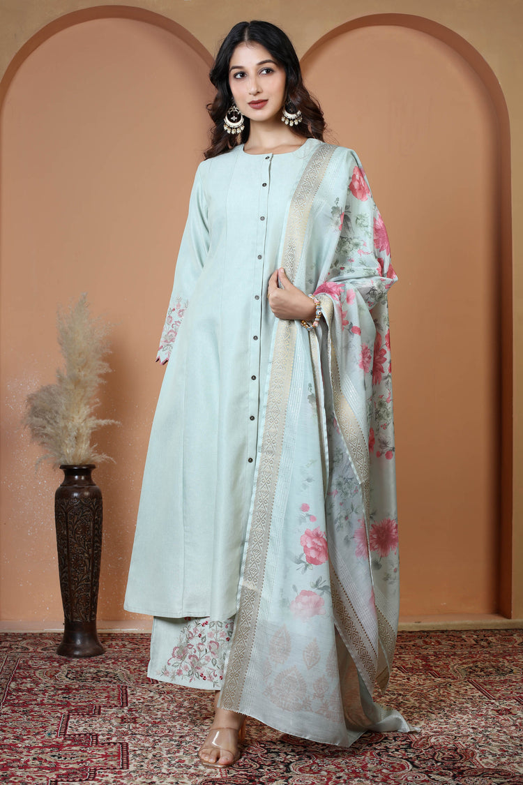 Mint Green Floral Embroidered Ethnic Kurta Set with Dupatta Suit Set