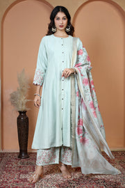 Mint Green Floral Embroidered Ethnic Kurta Set with Dupatta Suit Set