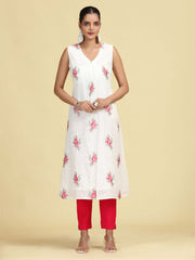 Off White Hand Embroidered Floral Pure Cotton A-Line Kurta