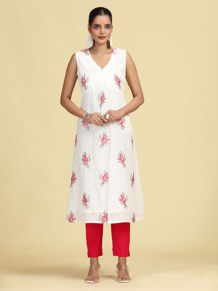 Off White Hand Embroidered Floral Pure Cotton A-Line Kurta