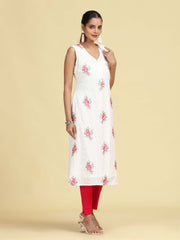 Off White Hand Embroidered Floral Pure Cotton A-Line Kurta