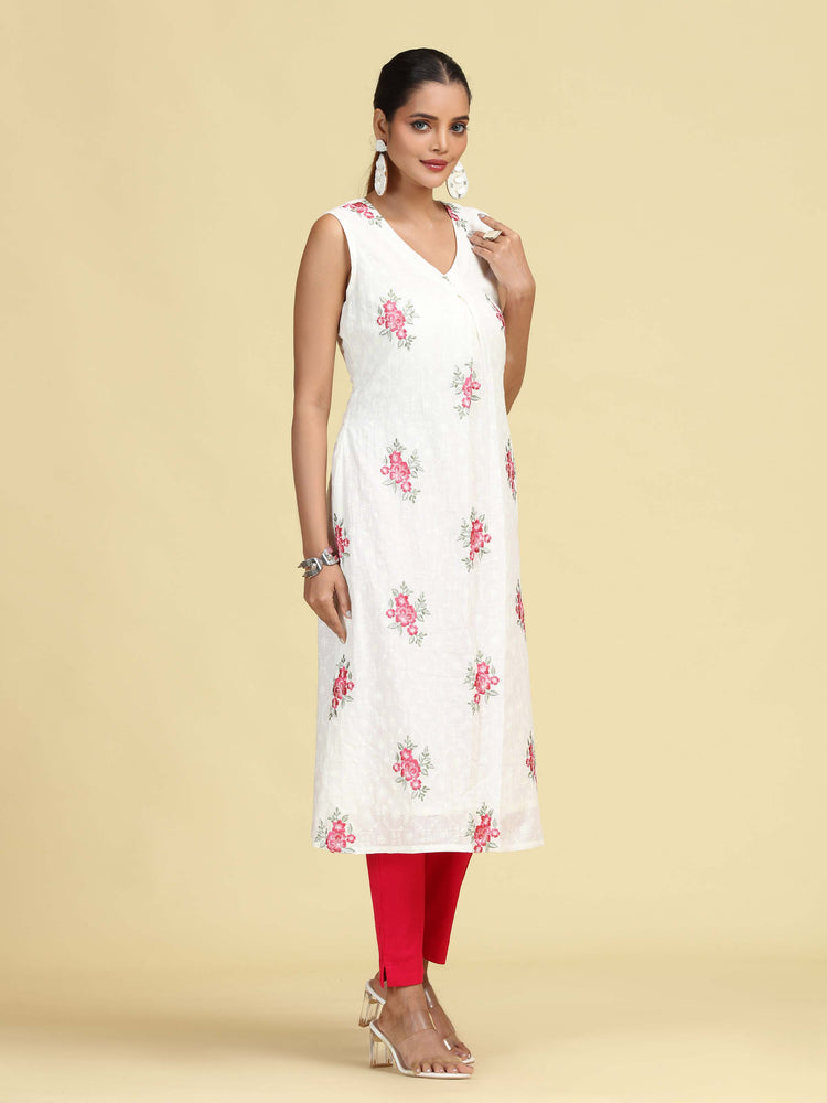 Off White Hand Embroidered Floral Pure Cotton A-Line Kurta
