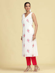 Off White Hand Embroidered Floral Pure Cotton A-Line Kurta