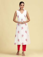 Off White Hand Embroidered Floral Pure Cotton A-Line Kurta