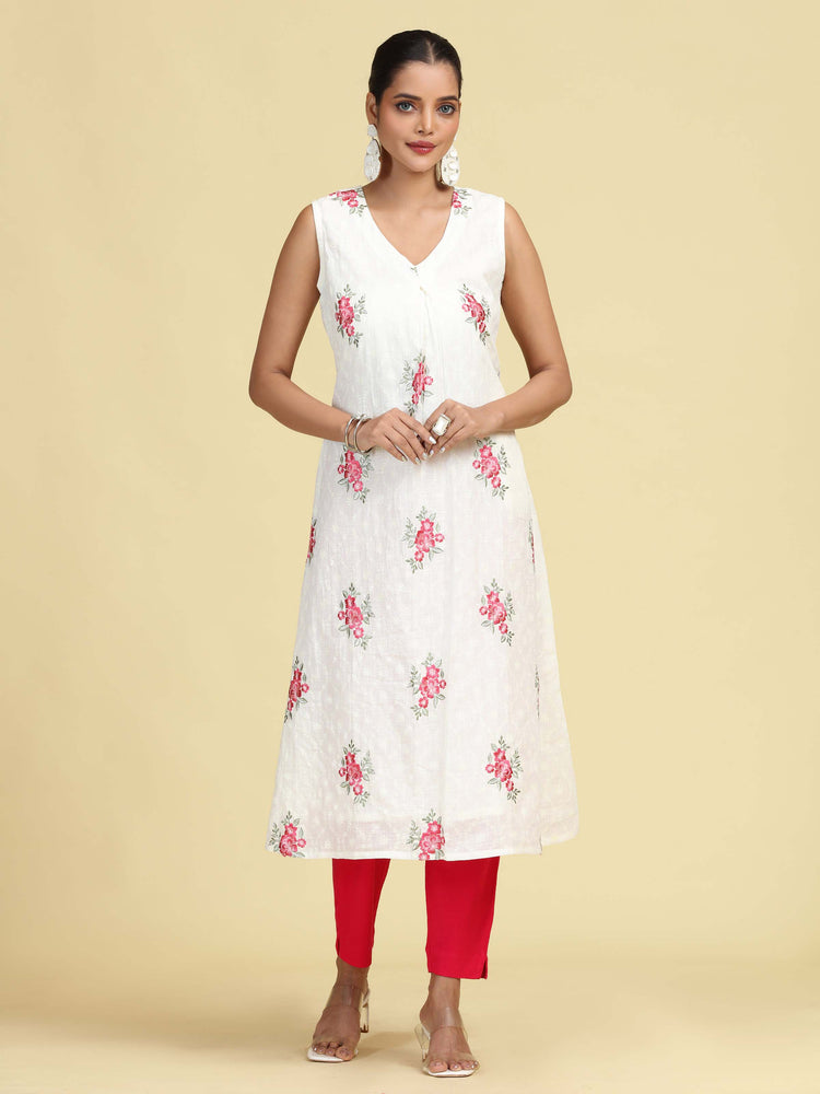 Off White Hand Embroidered Floral Pure Cotton A-Line Kurta