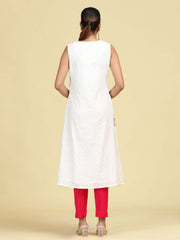 Off White Hand Embroidered Floral Pure Cotton A-Line Kurta