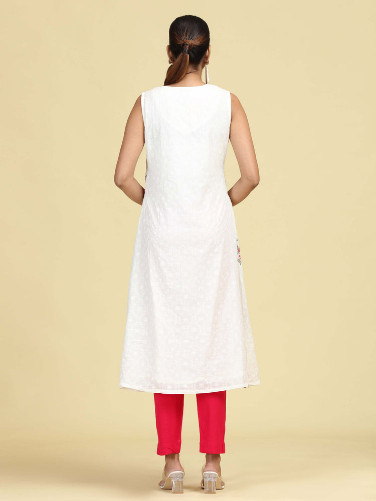 Off White Hand Embroidered Floral Pure Cotton A-Line Kurta