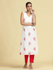 Off White Hand Embroidered Floral Pure Cotton A-Line Kurta