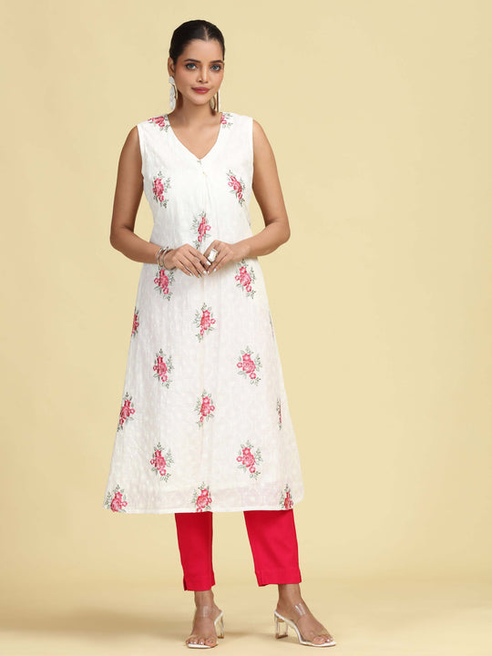 Off White Hand Embroidered Floral Pure Cotton A-Line Kurta