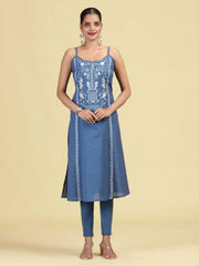 Denim Blue Pure Cotton Embroidered Straight Kurta