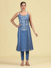 Denim Blue Pure Cotton Embroidered Straight Kurta