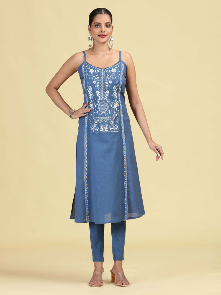 Denim Blue Pure Cotton Embroidered Straight Kurta