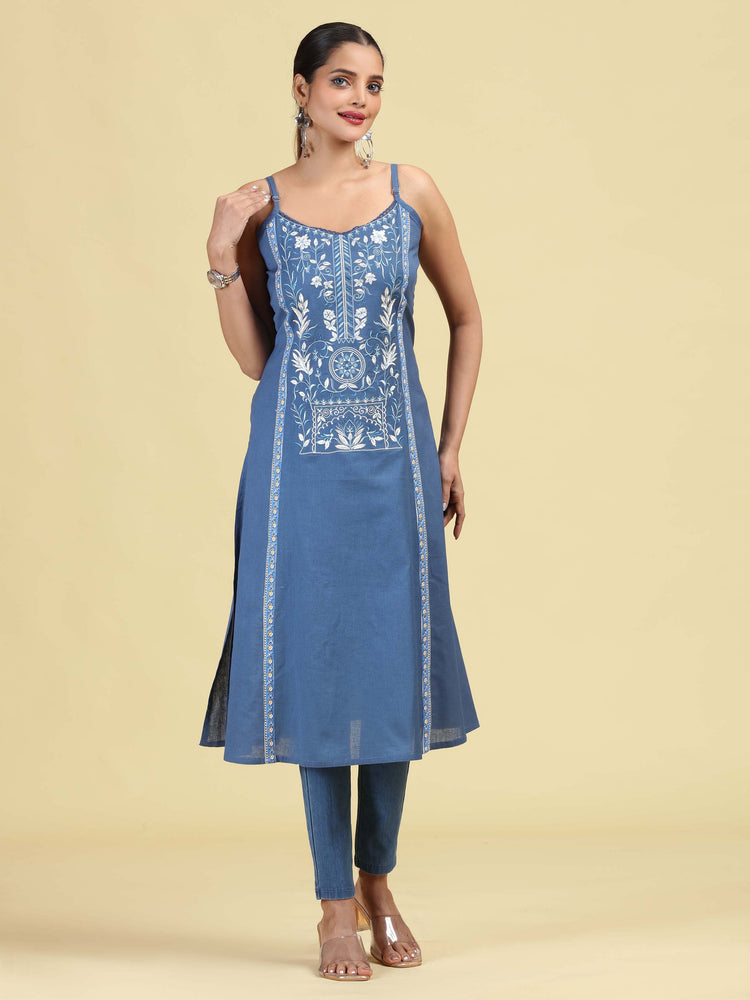 Denim Blue Pure Cotton Embroidered Straight Kurta