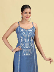 Denim Blue Pure Cotton Embroidered Straight Kurta