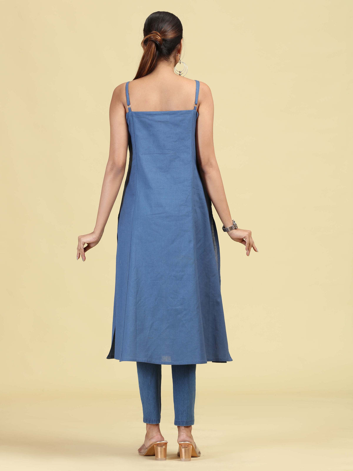 Denim Blue Pure Cotton Embroidered Straight Kurta