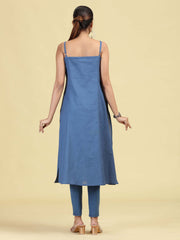 Denim Blue Pure Cotton Embroidered Straight Kurta