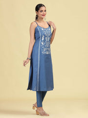 Denim Blue Pure Cotton Embroidered Straight Kurta