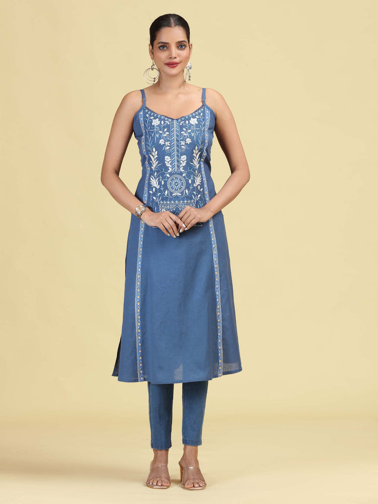 Denim Blue Pure Cotton Embroidered Straight Kurta