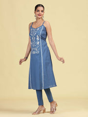 Denim Blue Pure Cotton Embroidered Straight Kurta