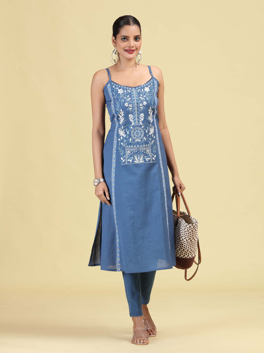 Denim Blue Pure Cotton Embroidered Straight Kurta