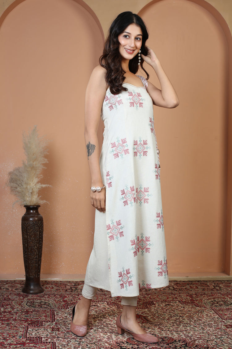 Off White Pure Cotton Printed Straight Kurta Soft & Breathable Ethnic Wear