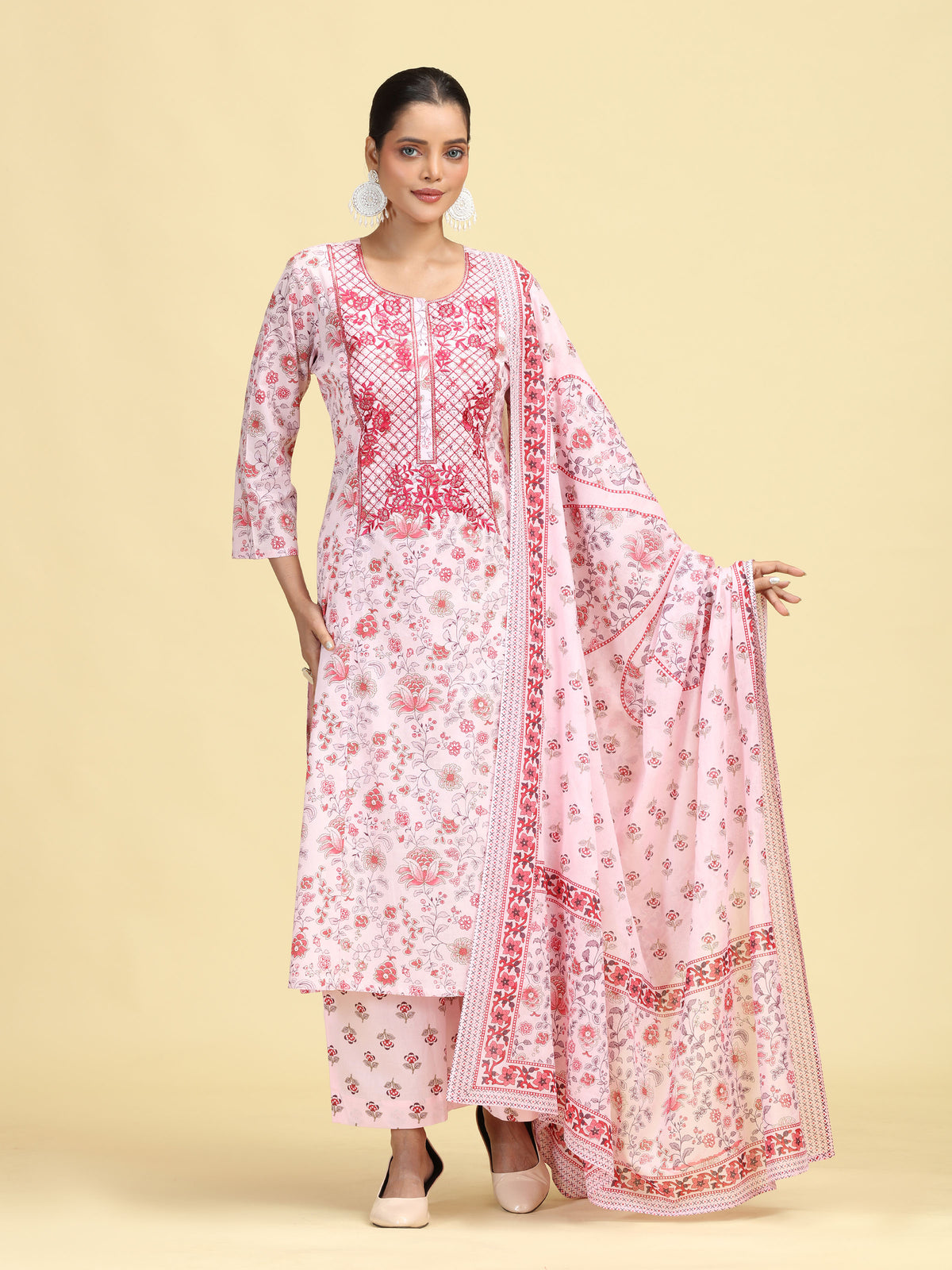 Baby Pink Pure Cotton Printed Embroidered Ethnic Suit Set